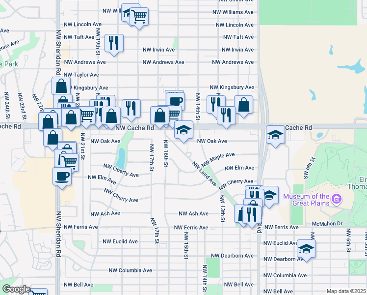 map of restaurants, bars, coffee shops, grocery stores, and more near 1115 Northwest Laird Avenue in Lawton