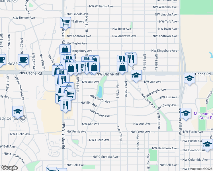 map of restaurants, bars, coffee shops, grocery stores, and more near 1720 Northwest Kinyon Avenue in Lawton