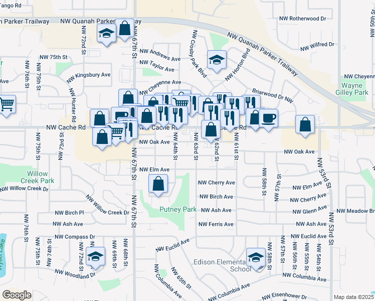 map of restaurants, bars, coffee shops, grocery stores, and more near 6312 Northwest Maple Avenue in Lawton