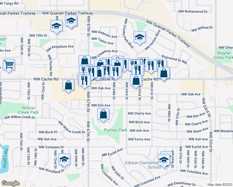 map of restaurants, bars, coffee shops, grocery stores, and more near 6312 Northwest Maple Avenue in Lawton