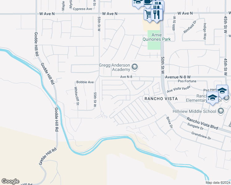 map of restaurants, bars, coffee shops, grocery stores, and more near 5200 Entrar Drive in Palmdale