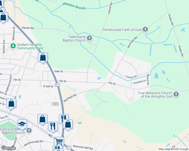 map of restaurants, bars, coffee shops, grocery stores, and more near 2506 Oak Street in Lumberton