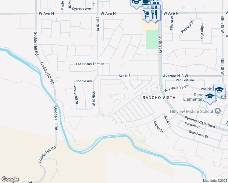 map of restaurants, bars, coffee shops, grocery stores, and more near Entrar Drive in Palmdale