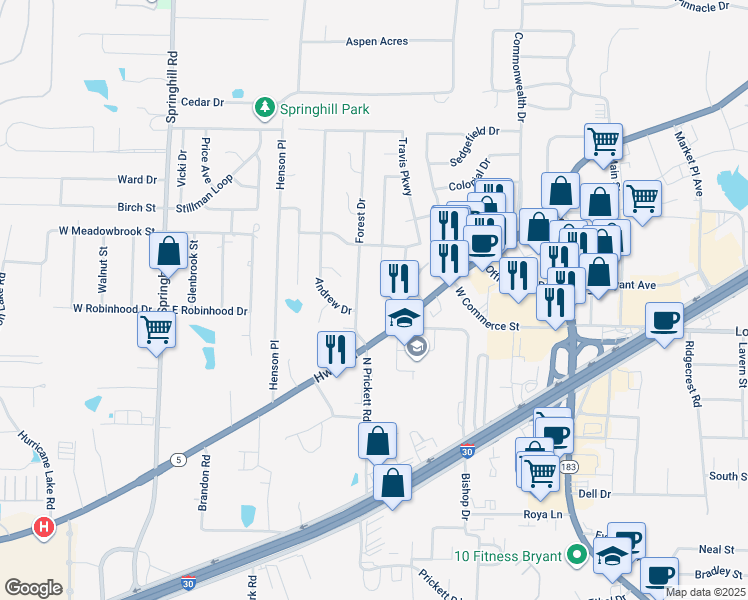 map of restaurants, bars, coffee shops, grocery stores, and more near 1314 Sunset Gardens East in Bryant