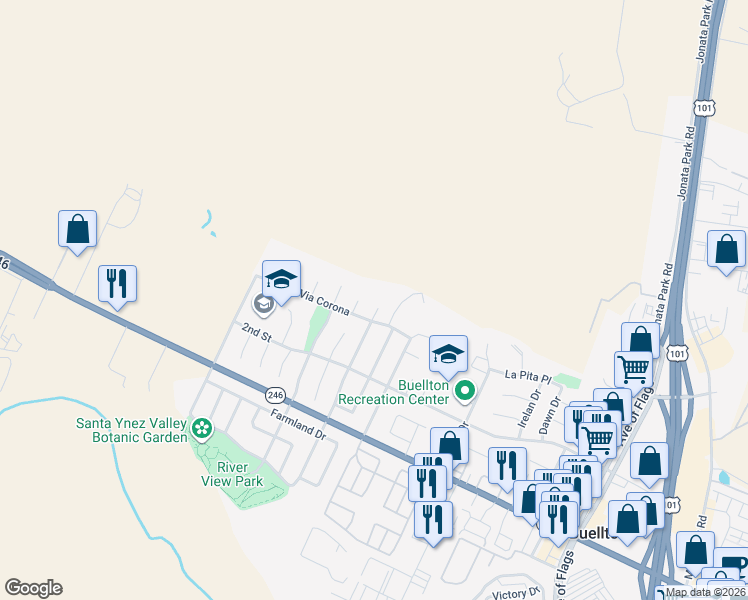 map of restaurants, bars, coffee shops, grocery stores, and more near 537 Valley Dairy Road in Buellton