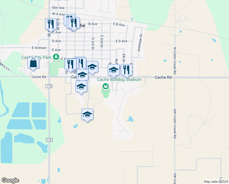 map of restaurants, bars, coffee shops, grocery stores, and more near 100 Buffalo Circle in Cache