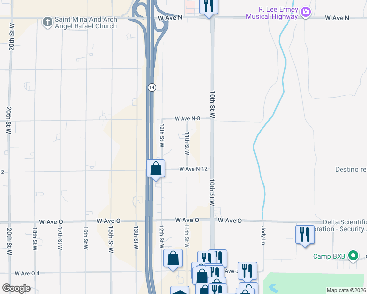 map of restaurants, bars, coffee shops, grocery stores, and more near 40655 11th Street West in Palmdale