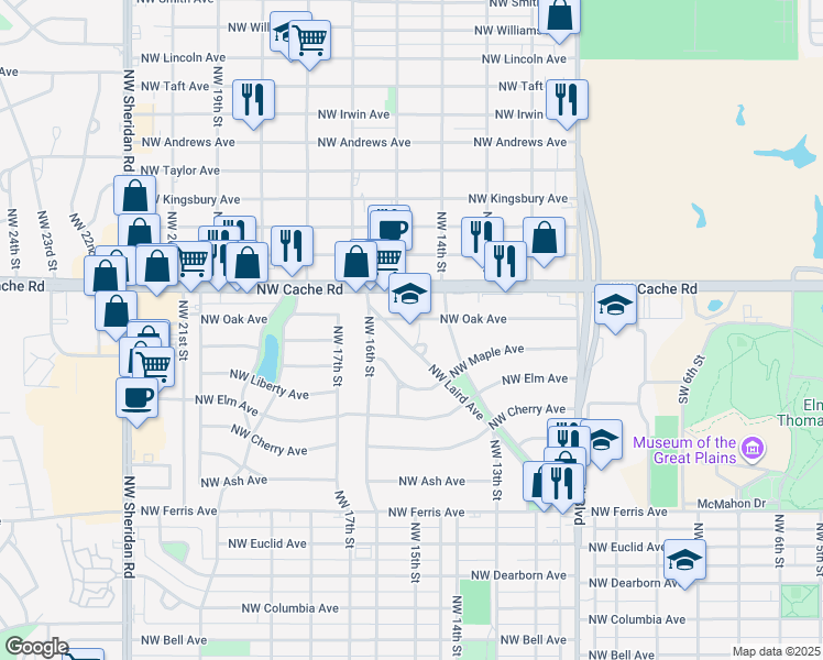 map of restaurants, bars, coffee shops, grocery stores, and more near 1115 Northwest Laird Avenue in Lawton