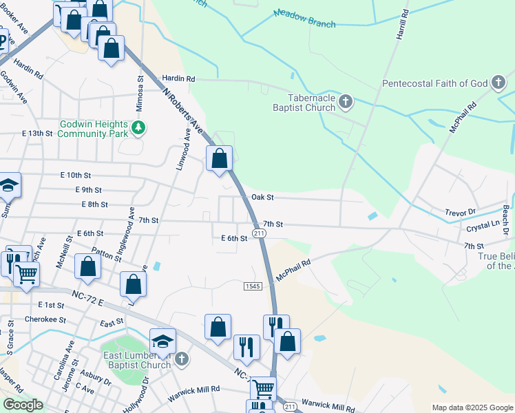 map of restaurants, bars, coffee shops, grocery stores, and more near 2104 7th Street in Lumberton