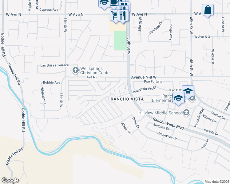map of restaurants, bars, coffee shops, grocery stores, and more near 40701 Rancho Vista Boulevard in Palmdale