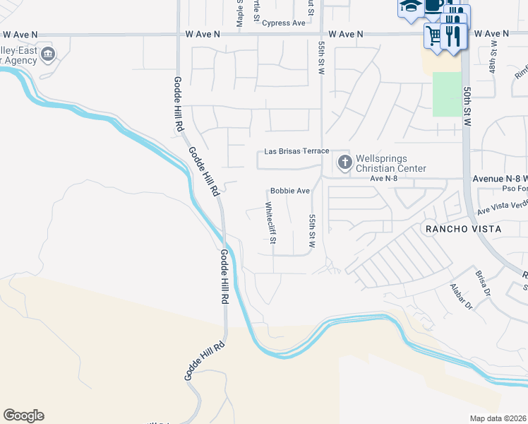 map of restaurants, bars, coffee shops, grocery stores, and more near 40651 Whitecliff Street in Palmdale