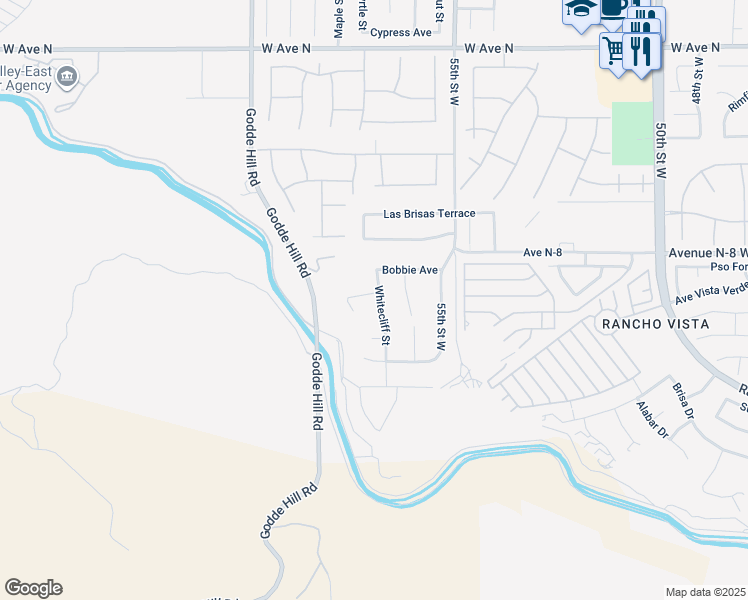 map of restaurants, bars, coffee shops, grocery stores, and more near 40651 Whitecliff Street in Palmdale