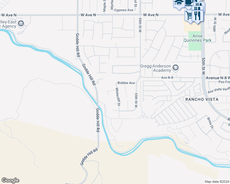 map of restaurants, bars, coffee shops, grocery stores, and more near 40651 Whitecliff Street in Palmdale