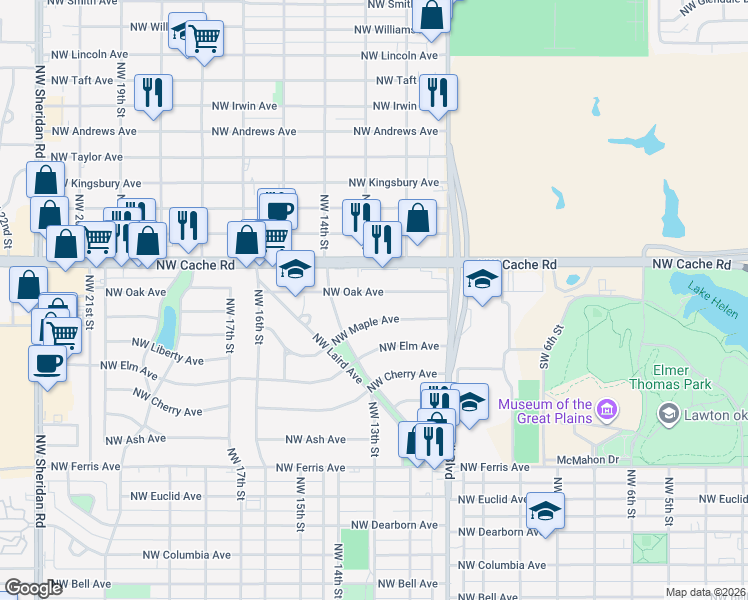 map of restaurants, bars, coffee shops, grocery stores, and more near 1125 Northwest Maple Avenue in Lawton