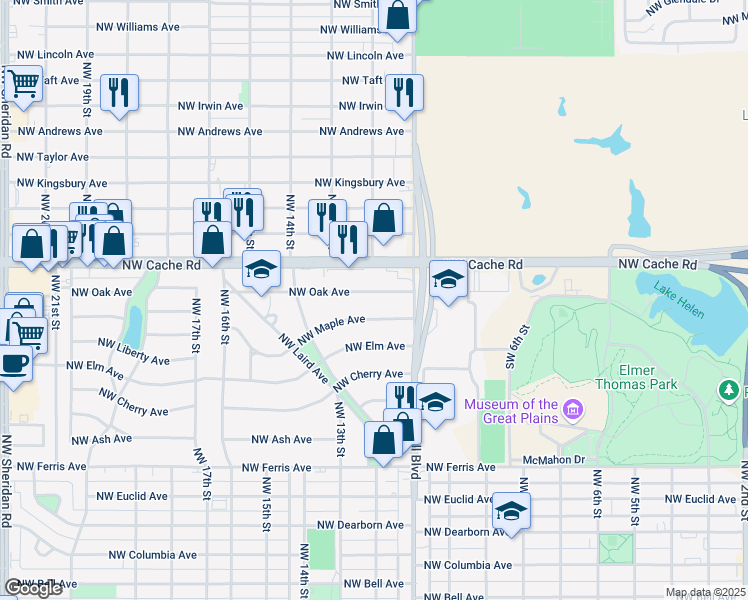 map of restaurants, bars, coffee shops, grocery stores, and more near 1111 Northwest Maple Avenue in Lawton