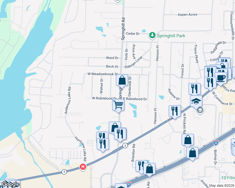 map of restaurants, bars, coffee shops, grocery stores, and more near 2424 East Robinhood Drive in Bryant