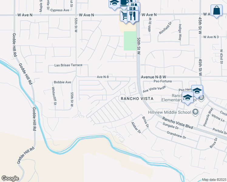 map of restaurants, bars, coffee shops, grocery stores, and more near 40653 Oakbridge Way in Palmdale