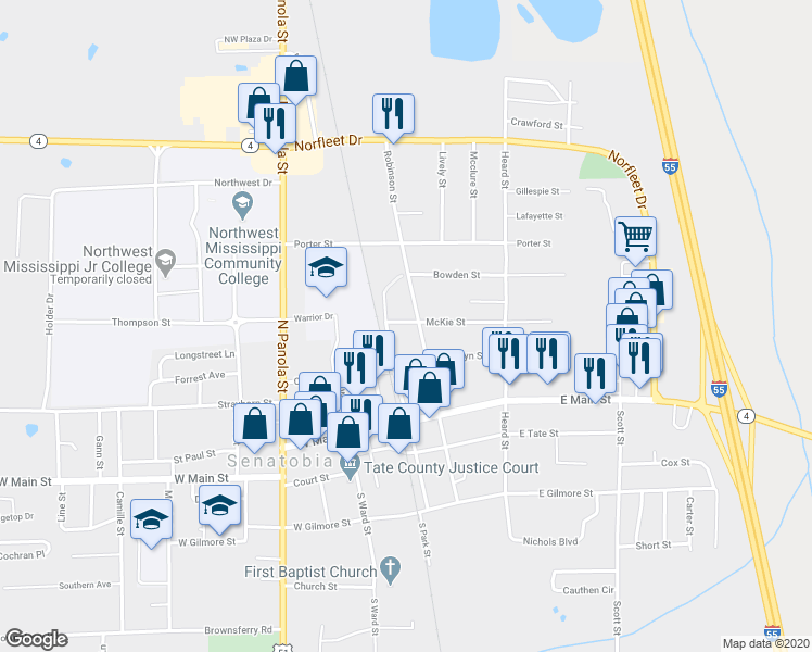 map of restaurants, bars, coffee shops, grocery stores, and more near 103 McKie Street in Senatobia