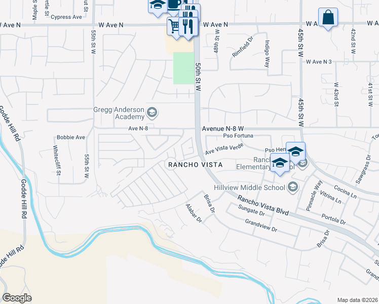 map of restaurants, bars, coffee shops, grocery stores, and more near 40701 Rancho Vista Boulevard in Palmdale