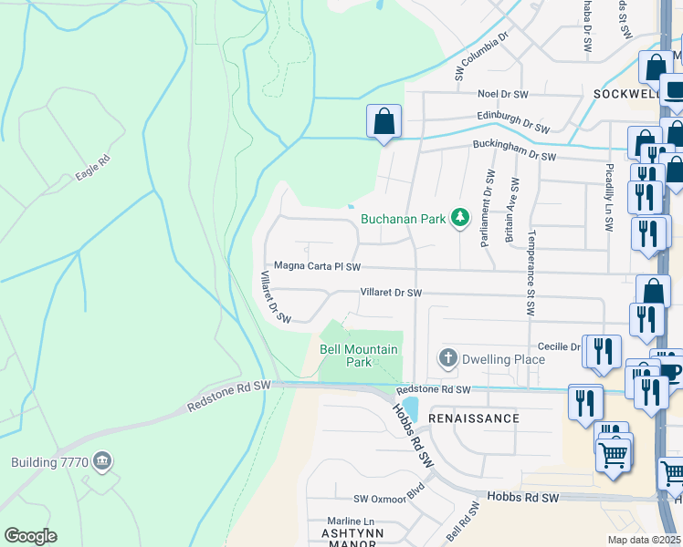 map of restaurants, bars, coffee shops, grocery stores, and more near 2321 Magna Carta Place Southwest in Huntsville