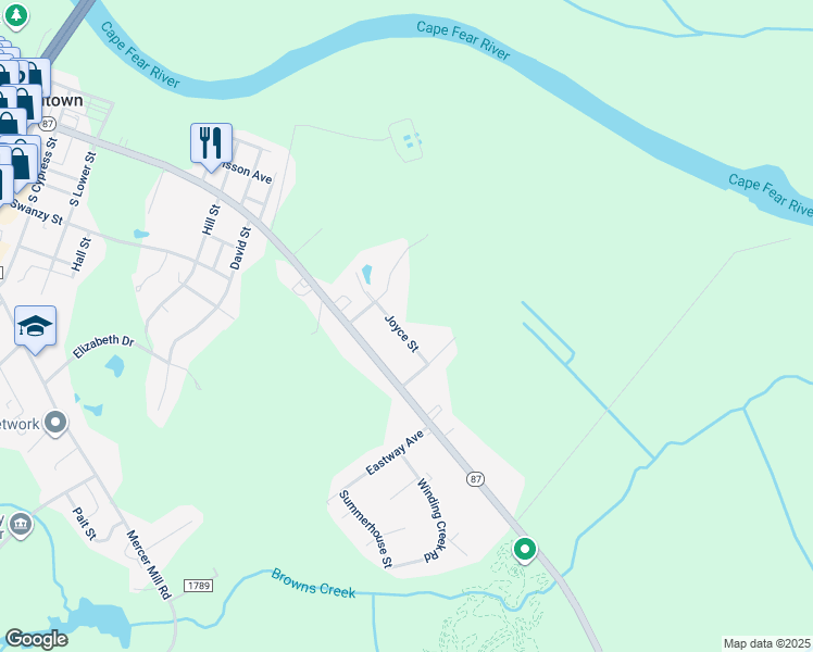 map of restaurants, bars, coffee shops, grocery stores, and more near 1341 Joyce Street in Elizabethtown