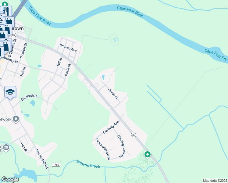 map of restaurants, bars, coffee shops, grocery stores, and more near 1341 Joyce Street in Elizabethtown