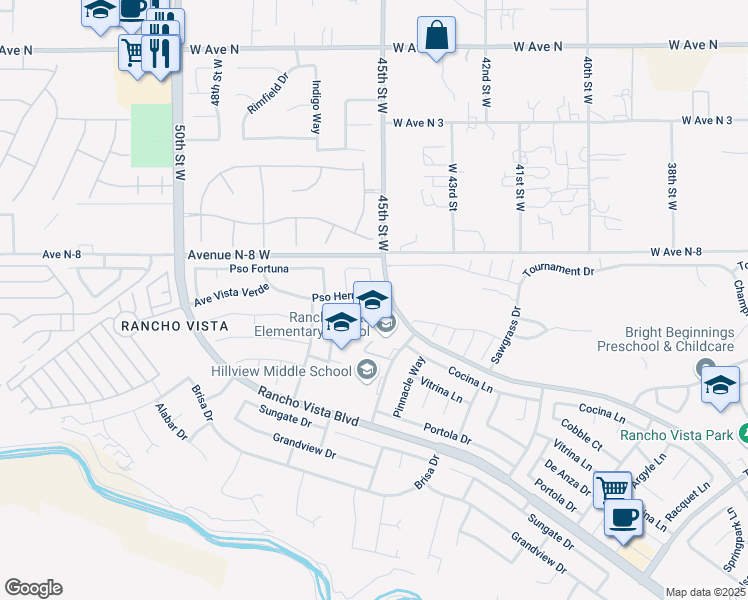 map of restaurants, bars, coffee shops, grocery stores, and more near 4520 Paseo Hermoso in Palmdale