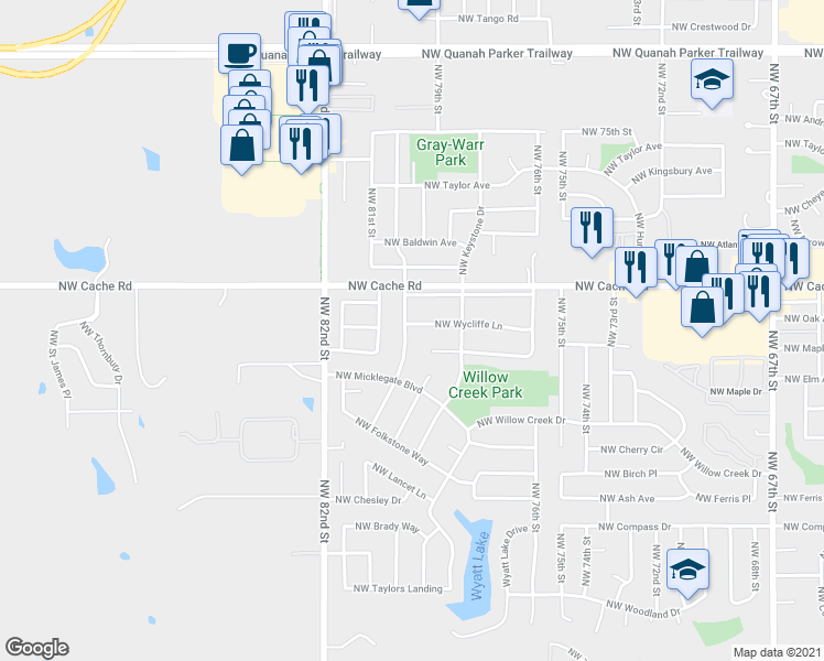 map of restaurants, bars, coffee shops, grocery stores, and more near 1111 Northwest Becontree Drive in Lawton