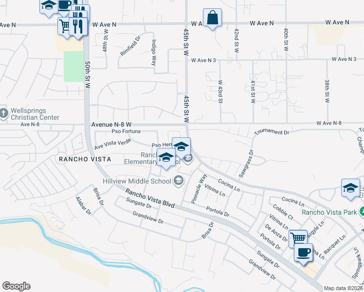 map of restaurants, bars, coffee shops, grocery stores, and more near 4520 Paseo Hermoso in Palmdale