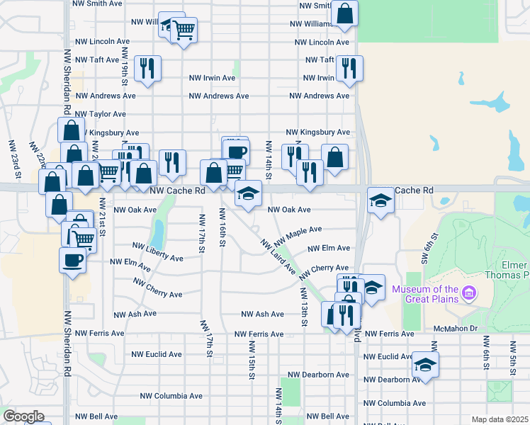 map of restaurants, bars, coffee shops, grocery stores, and more near 1204 Northwest Oak Avenue in Lawton