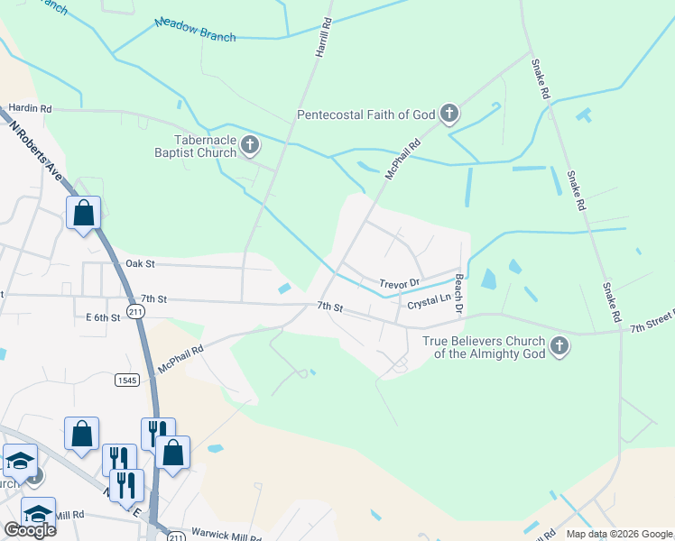 map of restaurants, bars, coffee shops, grocery stores, and more near McPhail Road in Lumberton