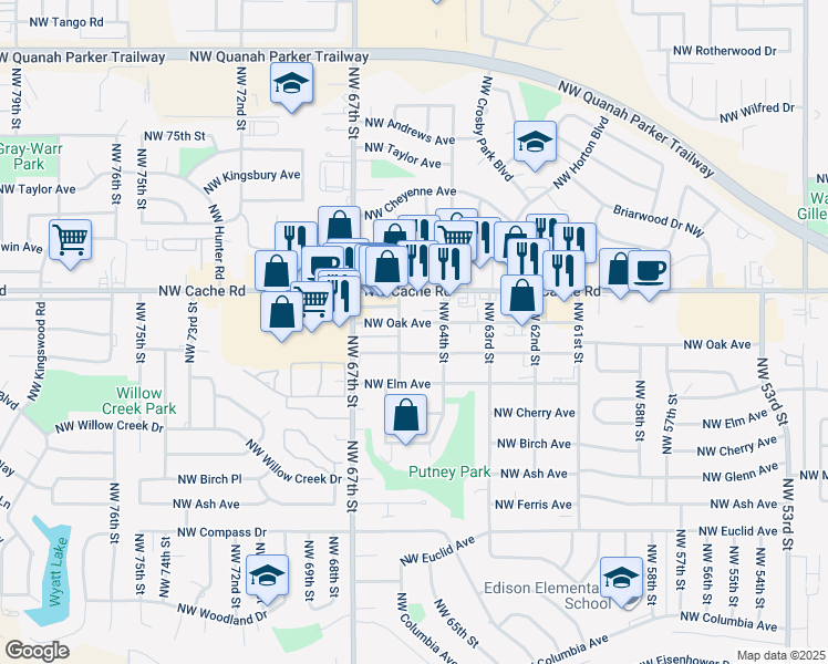 map of restaurants, bars, coffee shops, grocery stores, and more near 6412 Northwest Oak Avenue in Lawton