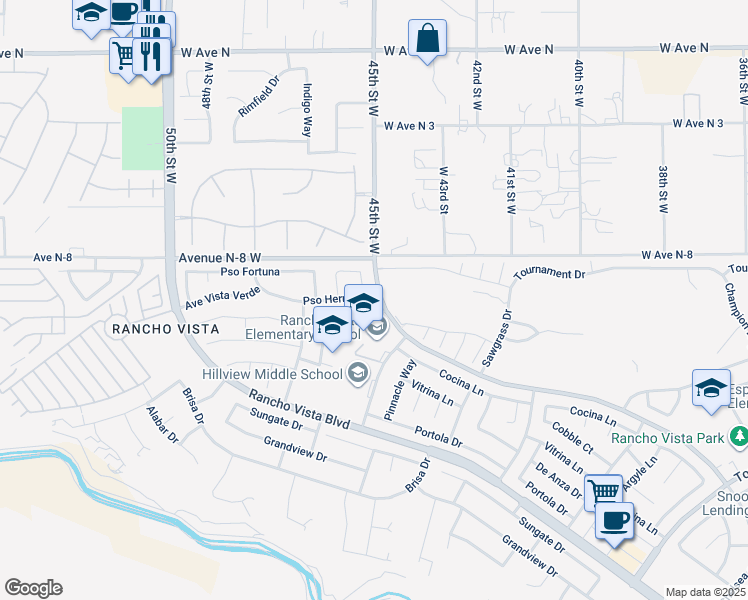 map of restaurants, bars, coffee shops, grocery stores, and more near 4508 Paseo Hermoso in Palmdale