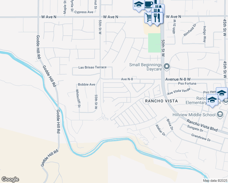 map of restaurants, bars, coffee shops, grocery stores, and more near 5200 Entrar Drive in Palmdale