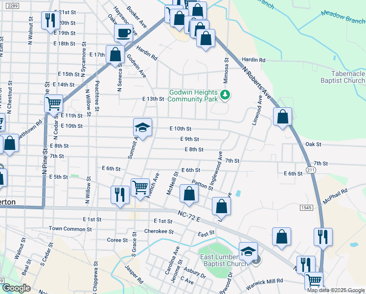 map of restaurants, bars, coffee shops, grocery stores, and more near 1105 East 8th Street in Lumberton