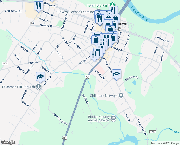 map of restaurants, bars, coffee shops, grocery stores, and more near North Carolina 242 in Elizabethtown