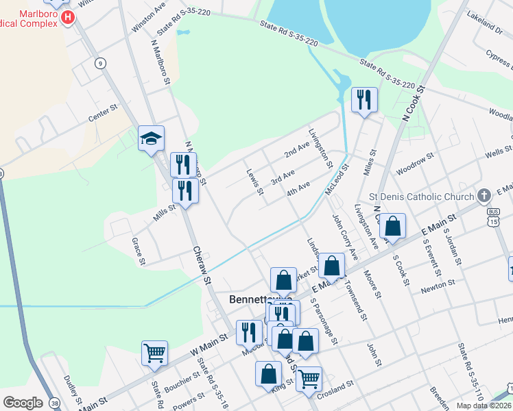 map of restaurants, bars, coffee shops, grocery stores, and more near 222 4th Avenue in Bennettsville