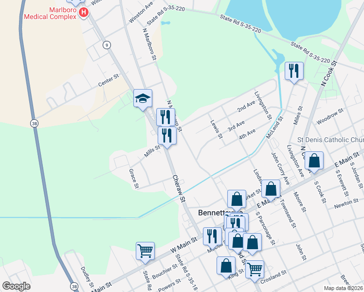 map of restaurants, bars, coffee shops, grocery stores, and more near 403 North Marlboro Street in Bennettsville
