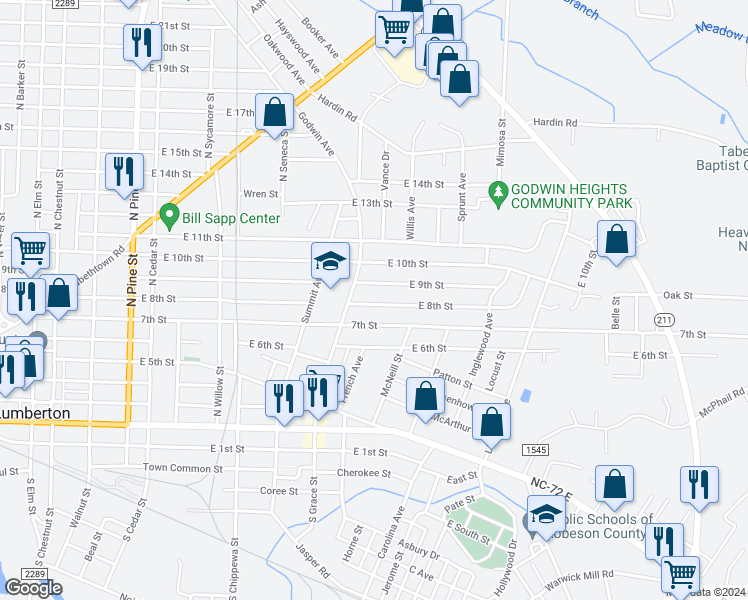 map of restaurants, bars, coffee shops, grocery stores, and more near 1009 East 8th Street in Lumberton