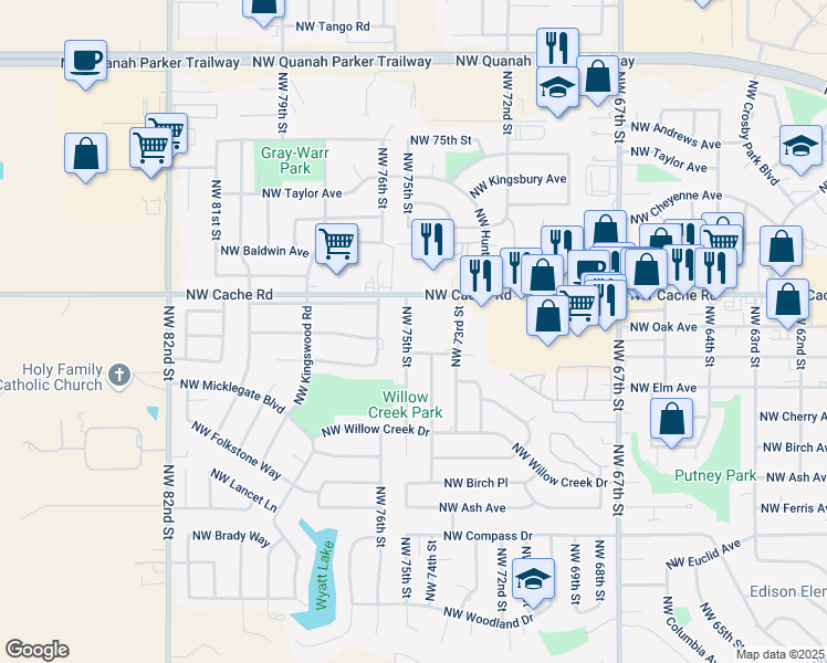 map of restaurants, bars, coffee shops, grocery stores, and more near 1119 Northwest 75th Street in Lawton
