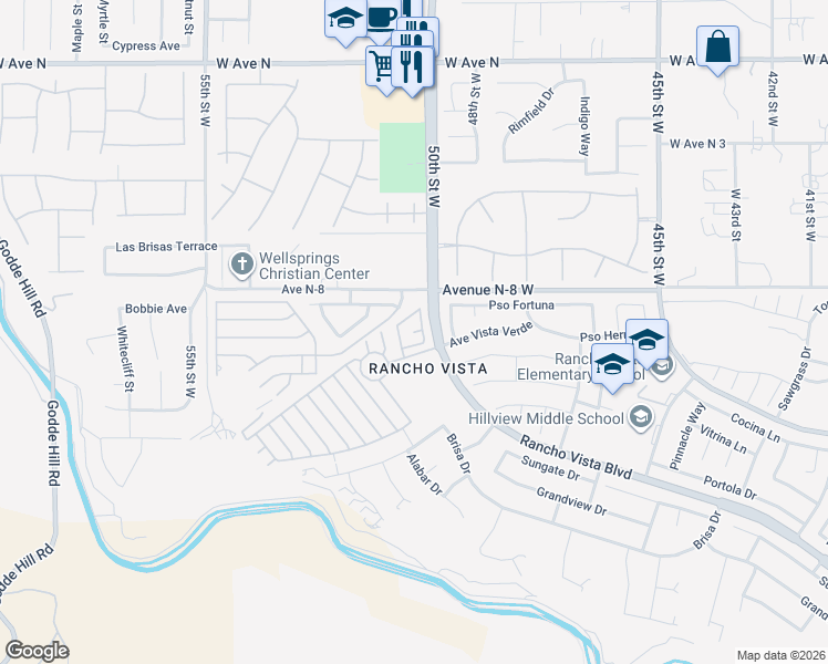 map of restaurants, bars, coffee shops, grocery stores, and more near 40701 West Rancho Vista Boulevard in Palmdale