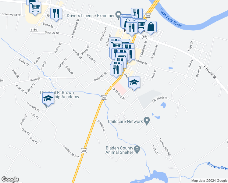 map of restaurants, bars, coffee shops, grocery stores, and more near 106 East McKay Street in Elizabethtown