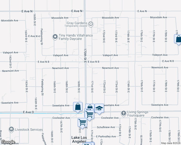 map of restaurants, bars, coffee shops, grocery stores, and more near 40719 171st Street East in Lake Los Angeles