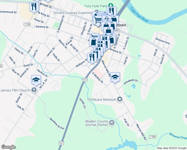 map of restaurants, bars, coffee shops, grocery stores, and more near 106 East McKay Street in Elizabethtown