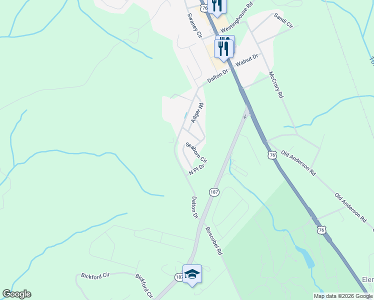 map of restaurants, bars, coffee shops, grocery stores, and more near 146 Adger Road in Pendleton