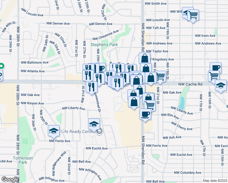 map of restaurants, bars, coffee shops, grocery stores, and more near 2510 Northwest Cache Road in Lawton