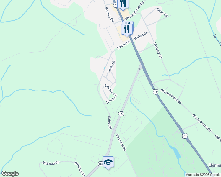 map of restaurants, bars, coffee shops, grocery stores, and more near 146 Adger Road in Pendleton
