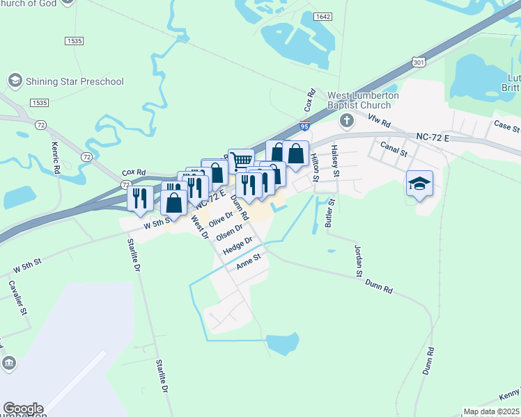 map of restaurants, bars, coffee shops, grocery stores, and more near 2779 West 5th Street in Lumberton