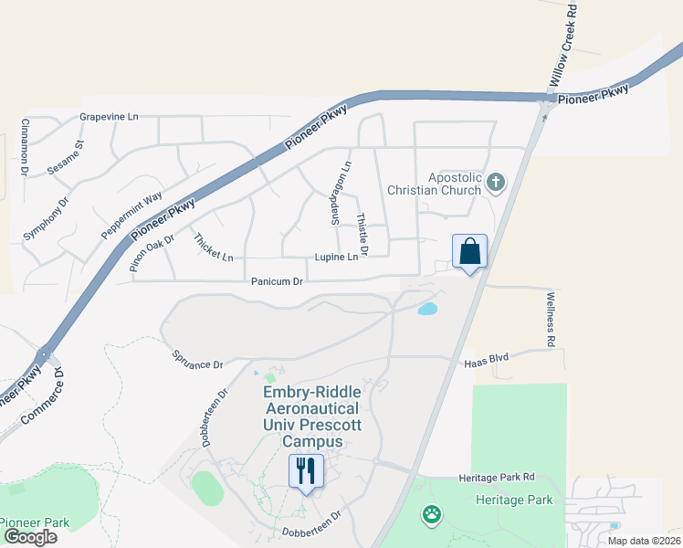 map of restaurants, bars, coffee shops, grocery stores, and more near 1021 Lupine Ln in Prescott