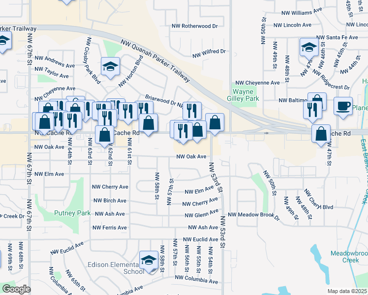 map of restaurants, bars, coffee shops, grocery stores, and more near 5422 Northwest Cache Road in Lawton